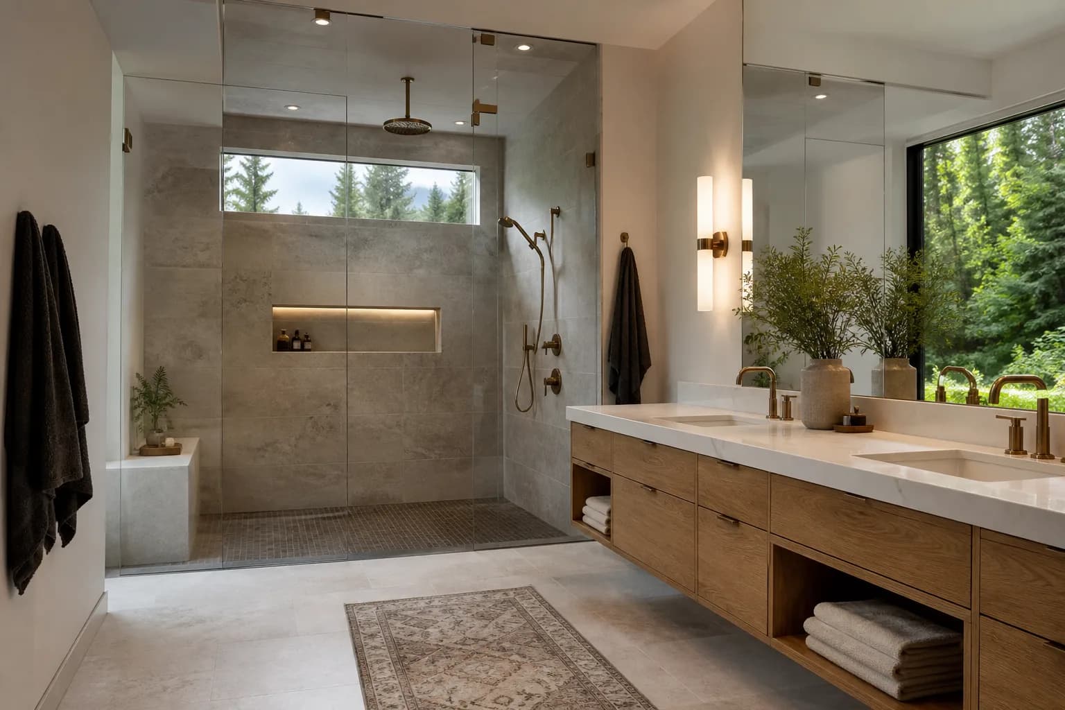 Finished premium bathroom remodel with glass shower and oak vanity