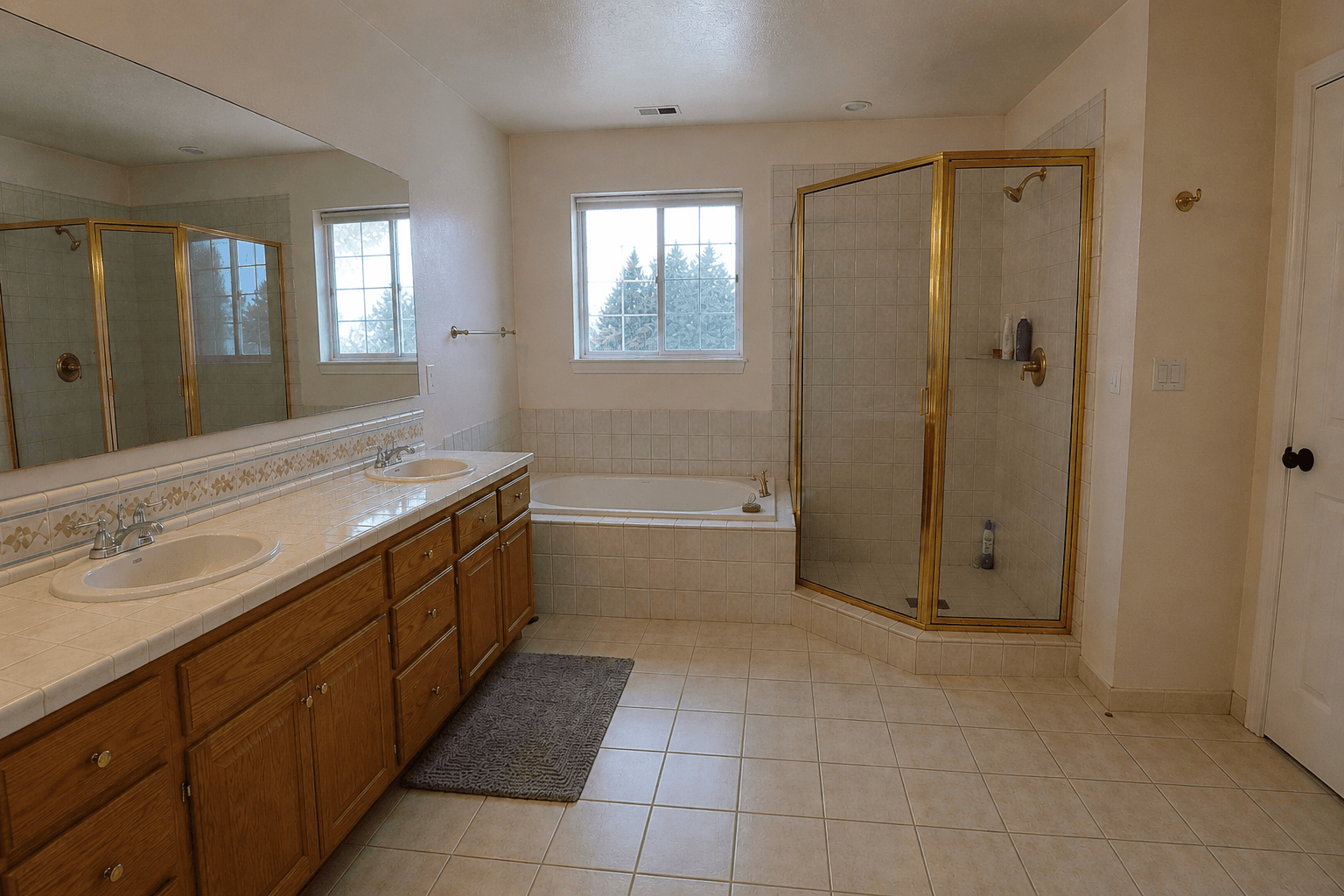 Outdated bathroom before remodel with dated vanity and tub