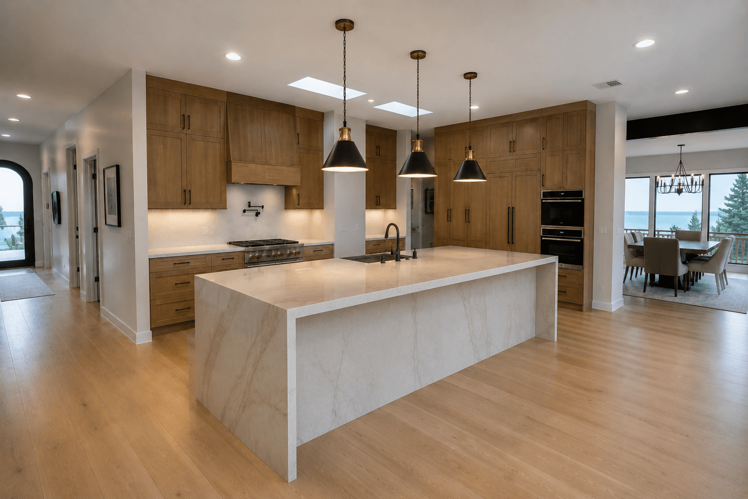 Finished luxury kitchen remodel with warm wood cabinets and stone island